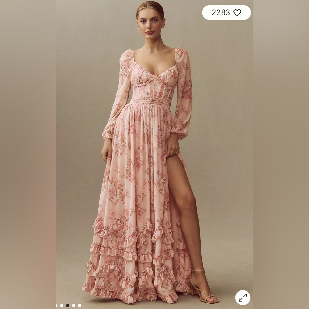 V. Chapman Carmella Long-Sleeve Corset Side-Slit Chiffon Maxi Dress - Peach